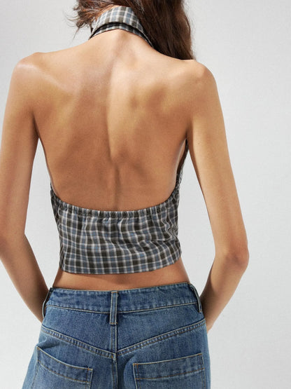 kvkv Checkered Halter Neck Shirt With Backless Design