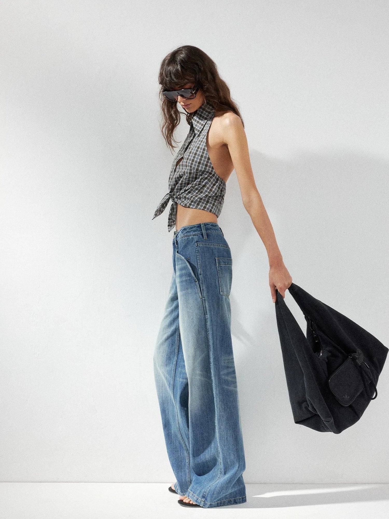 kvkv Checkered Halter Neck Shirt With Backless Design