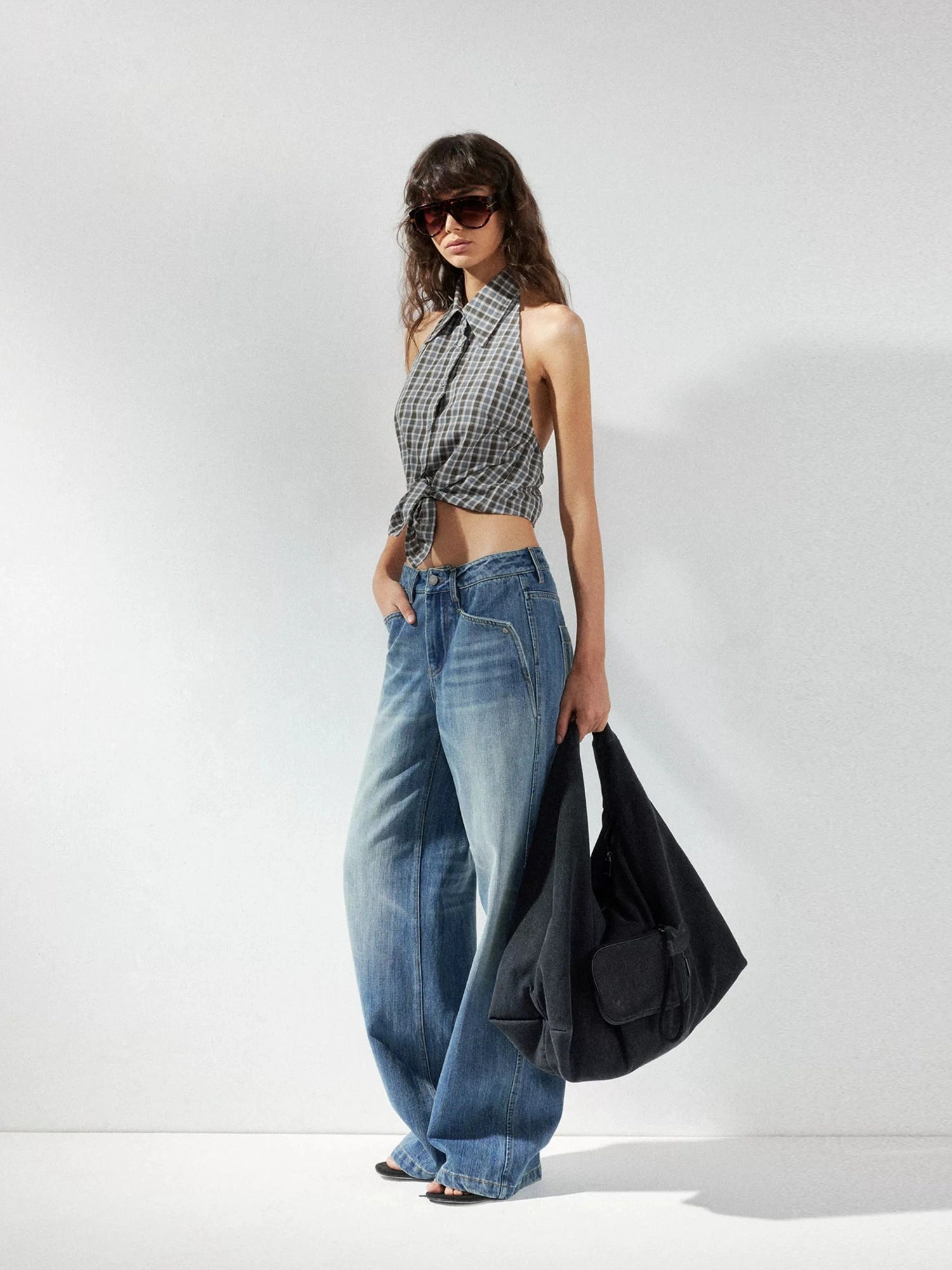 kvkv Checkered Halter Neck Shirt With Backless Design