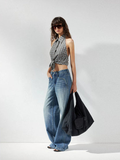 kvkv Checkered Halter Neck Shirt With Backless Design