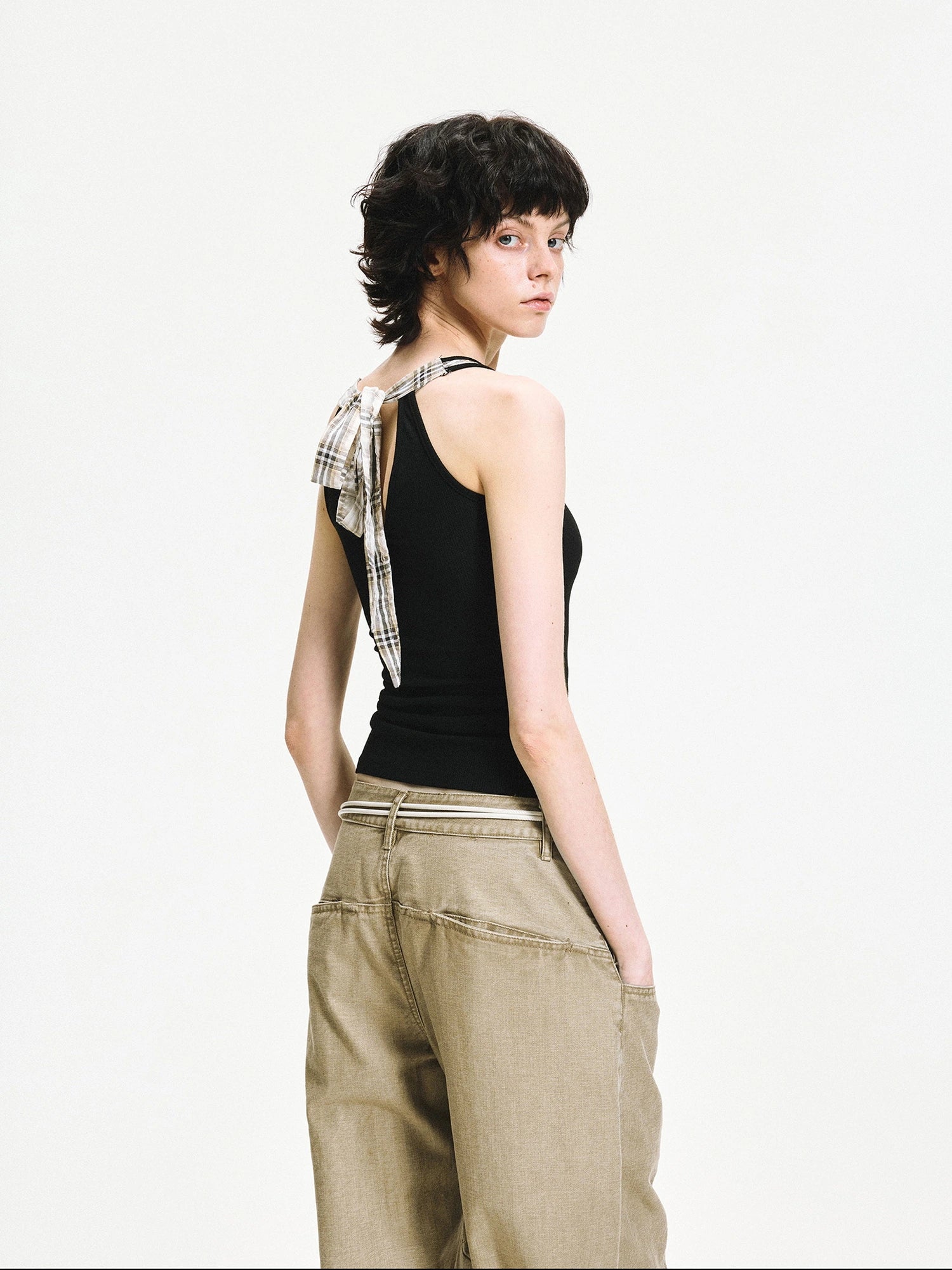 kvkv Checkered Tie Front Halter Top