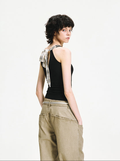 kvkv Checkered Tie Front Halter Top
