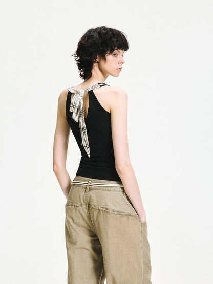 kvkv Checkered Tie Front Halter Top