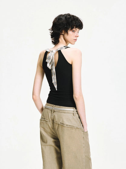 kvkv Checkered Tie Front Halter Top