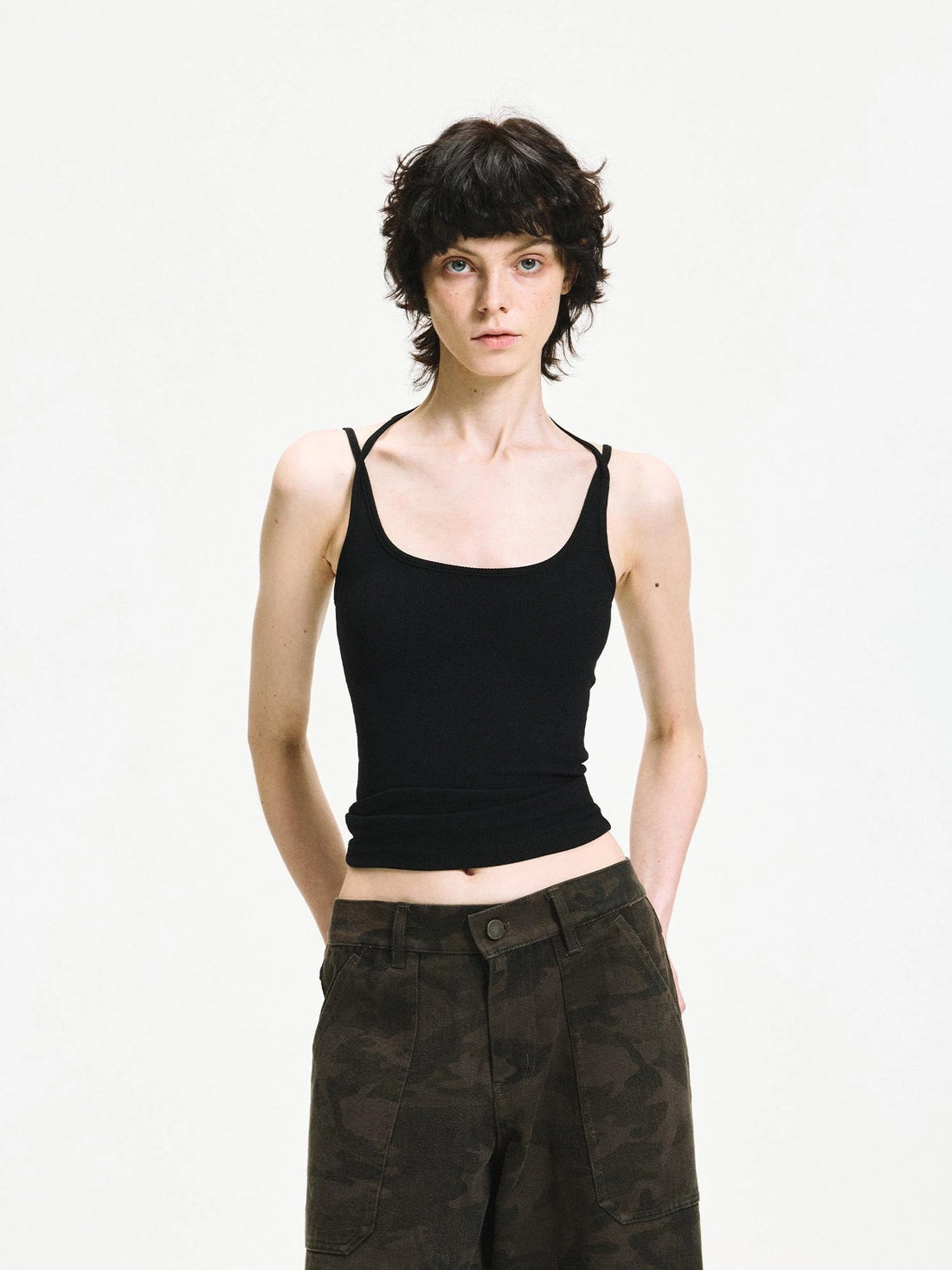 kvkv Coconut White Black Crisscross Halter Top