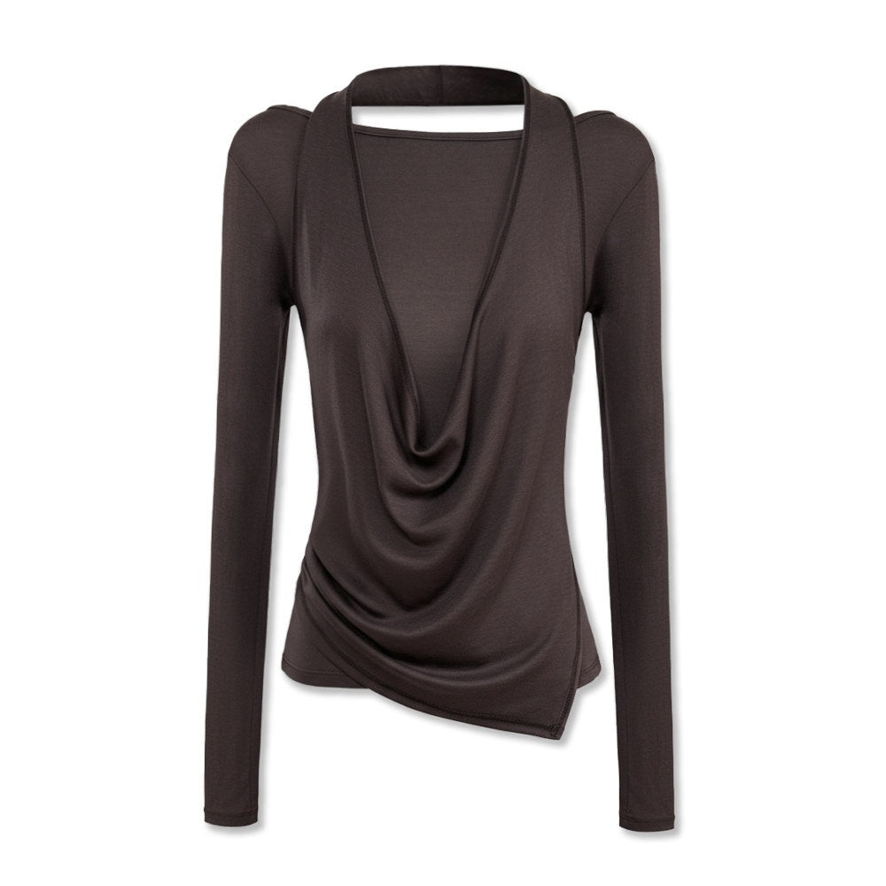 kvkv Coffee Brown Faux Layered Drape Neck Women&