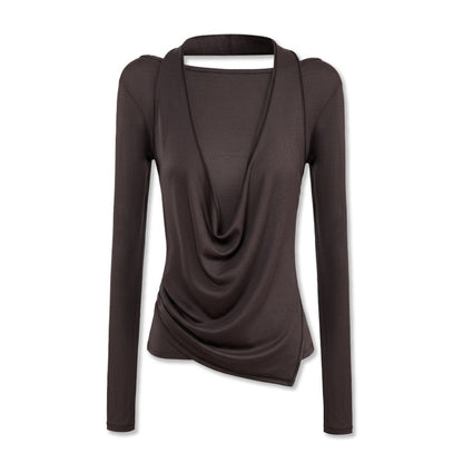 kvkv Coffee Brown Faux Layered Drape Neck Women&