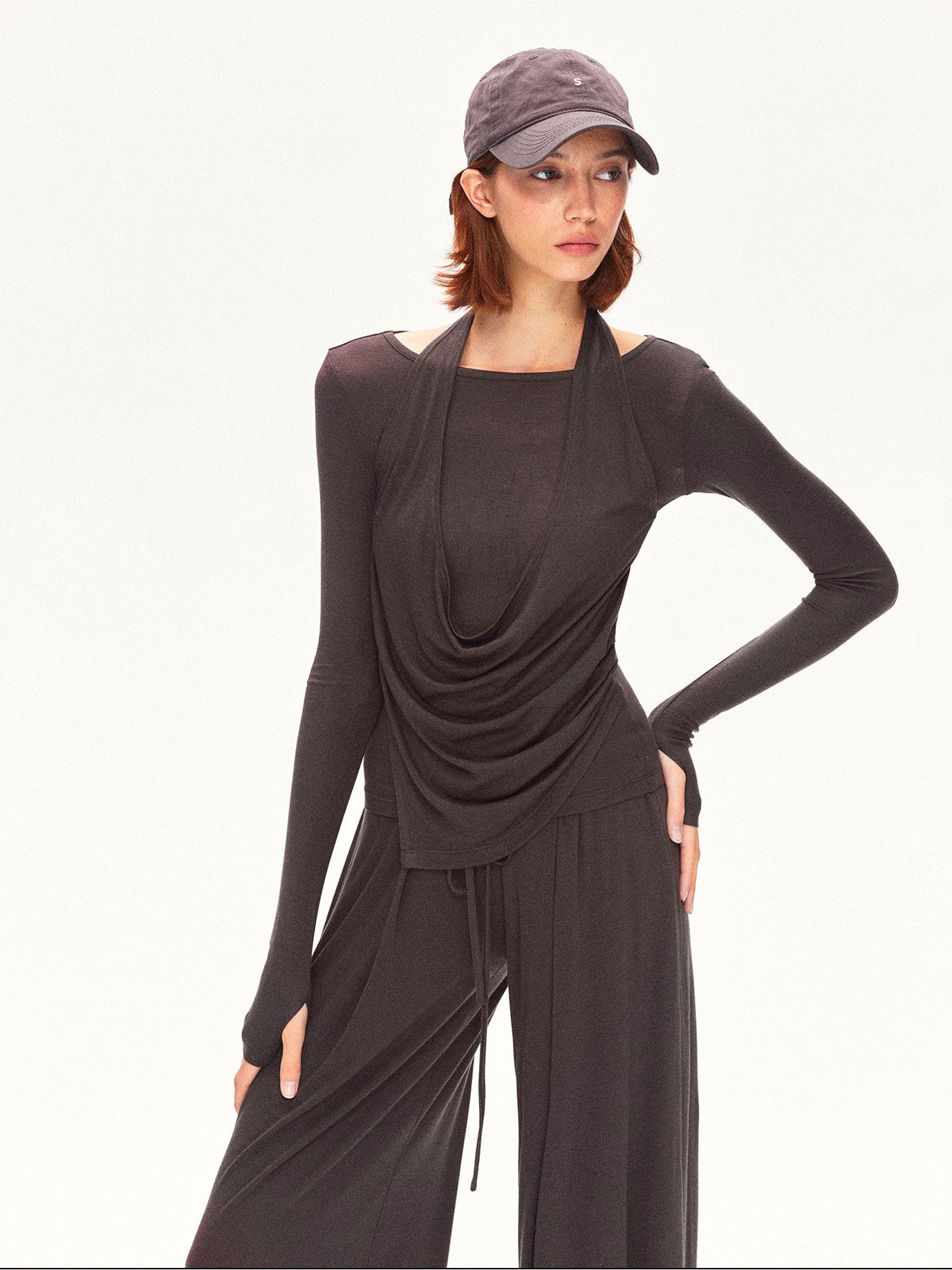 kvkv Coffee Brown Faux Layered Drape Neck Women&