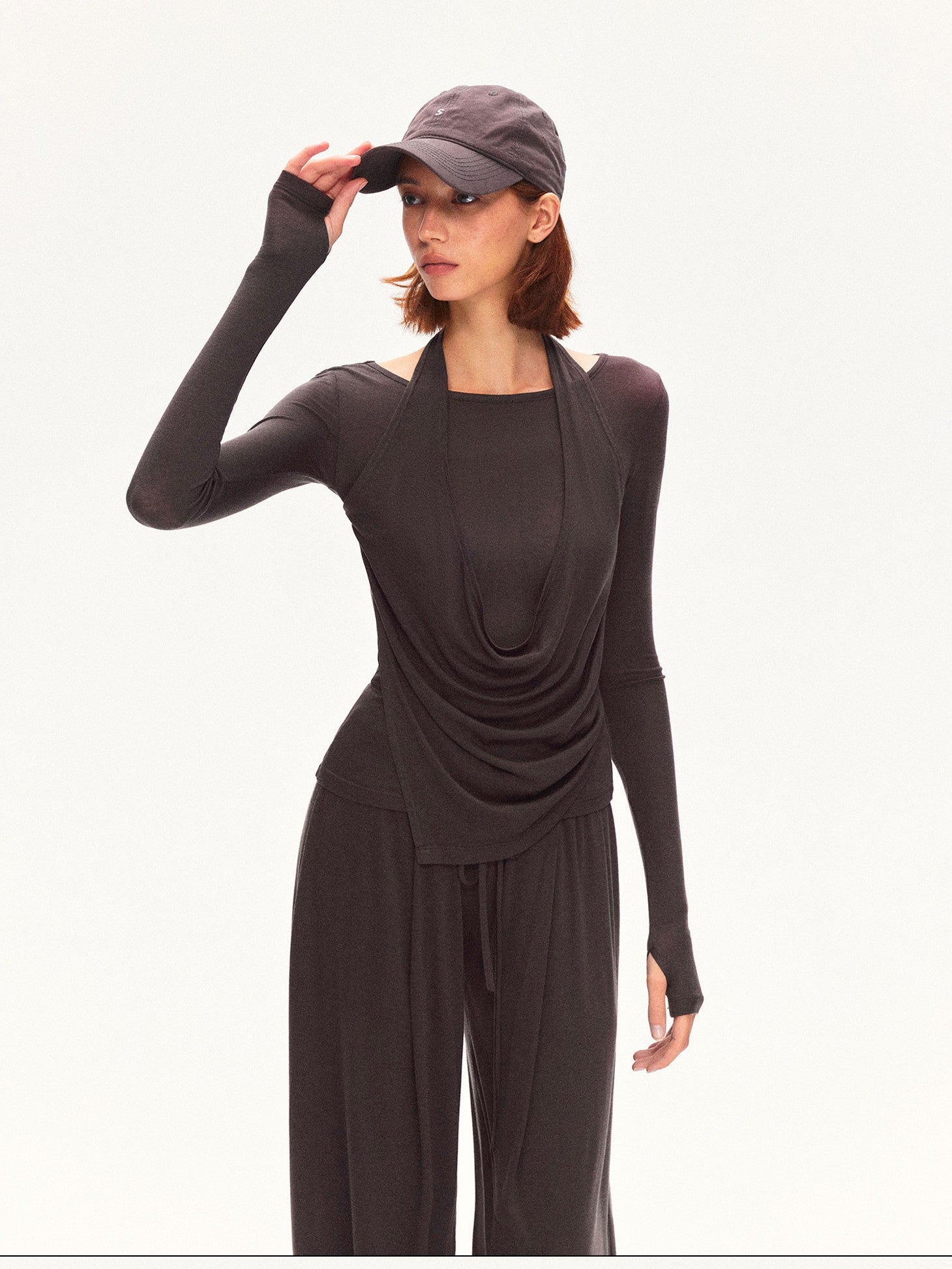 kvkv Coffee Brown Faux Layered Drape Neck Women&