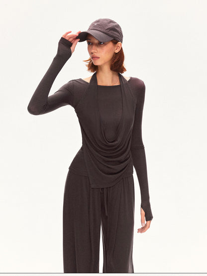 kvkv Coffee Brown Faux Layered Drape Neck Women&