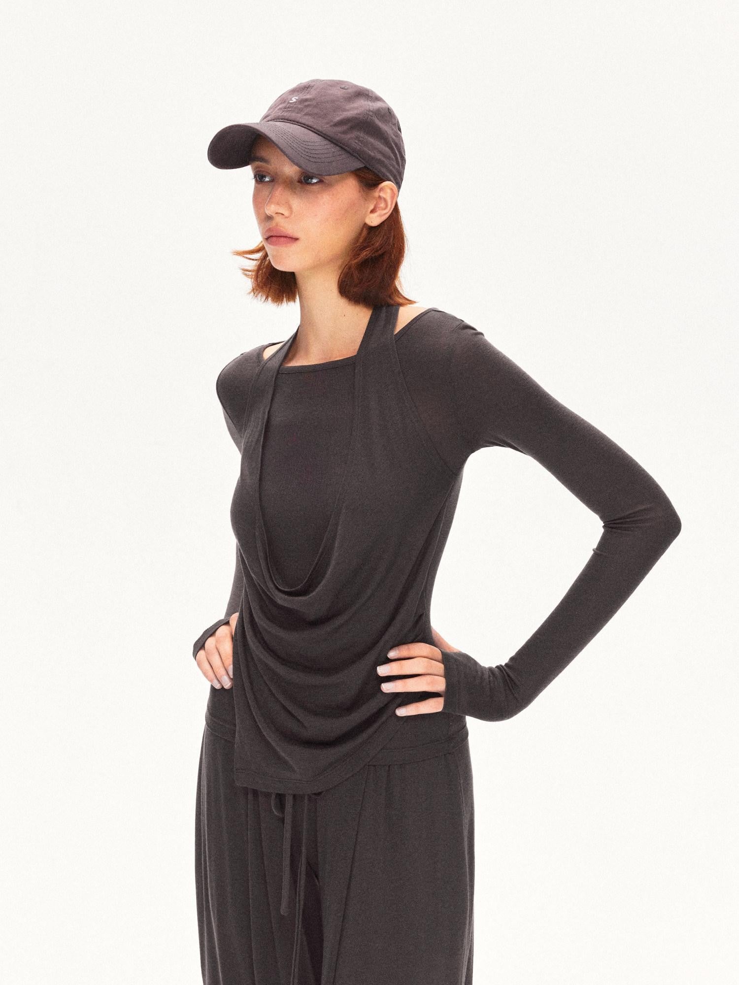 kvkv Coffee Brown Faux Layered Drape Neck Women&