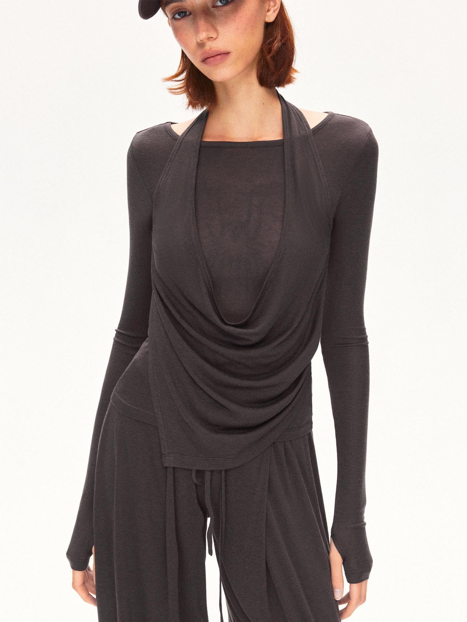 kvkv Coffee Brown Faux Layered Drape Neck Women&