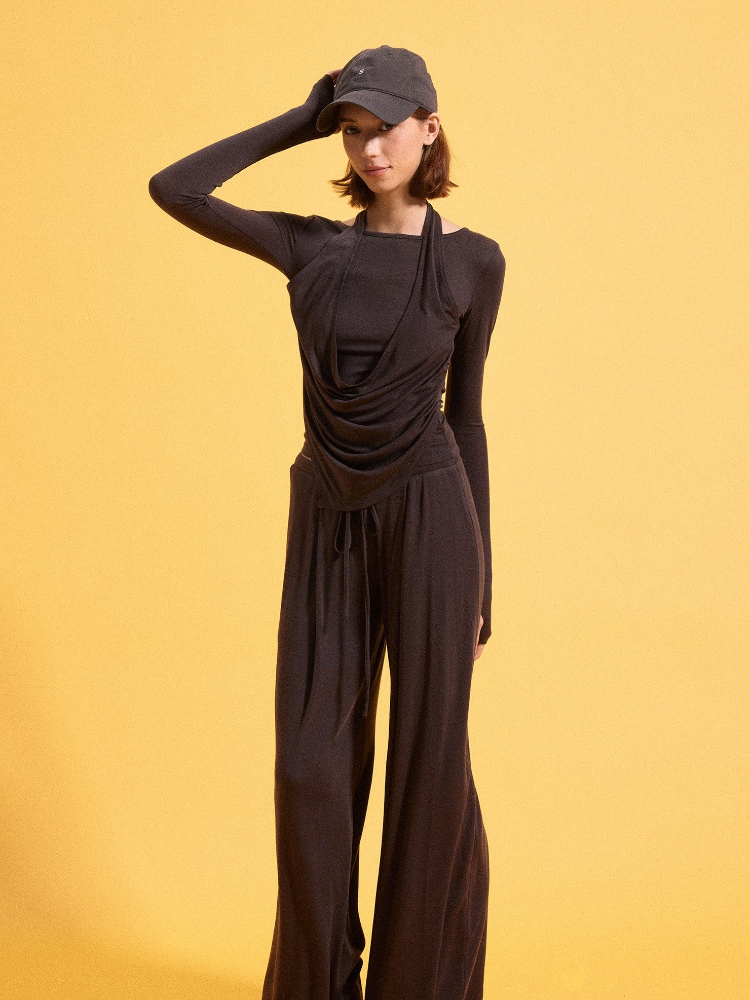 kvkv Coffee Brown Faux Layered Drape Neck Women&