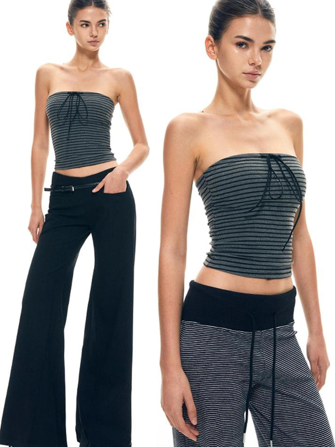 Color Block Bow Tie Strap Elastic Tube Top