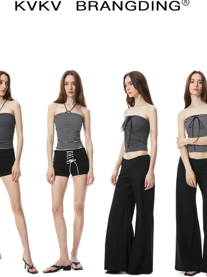 Color Block Bow Tie Strap Elastic Tube Top