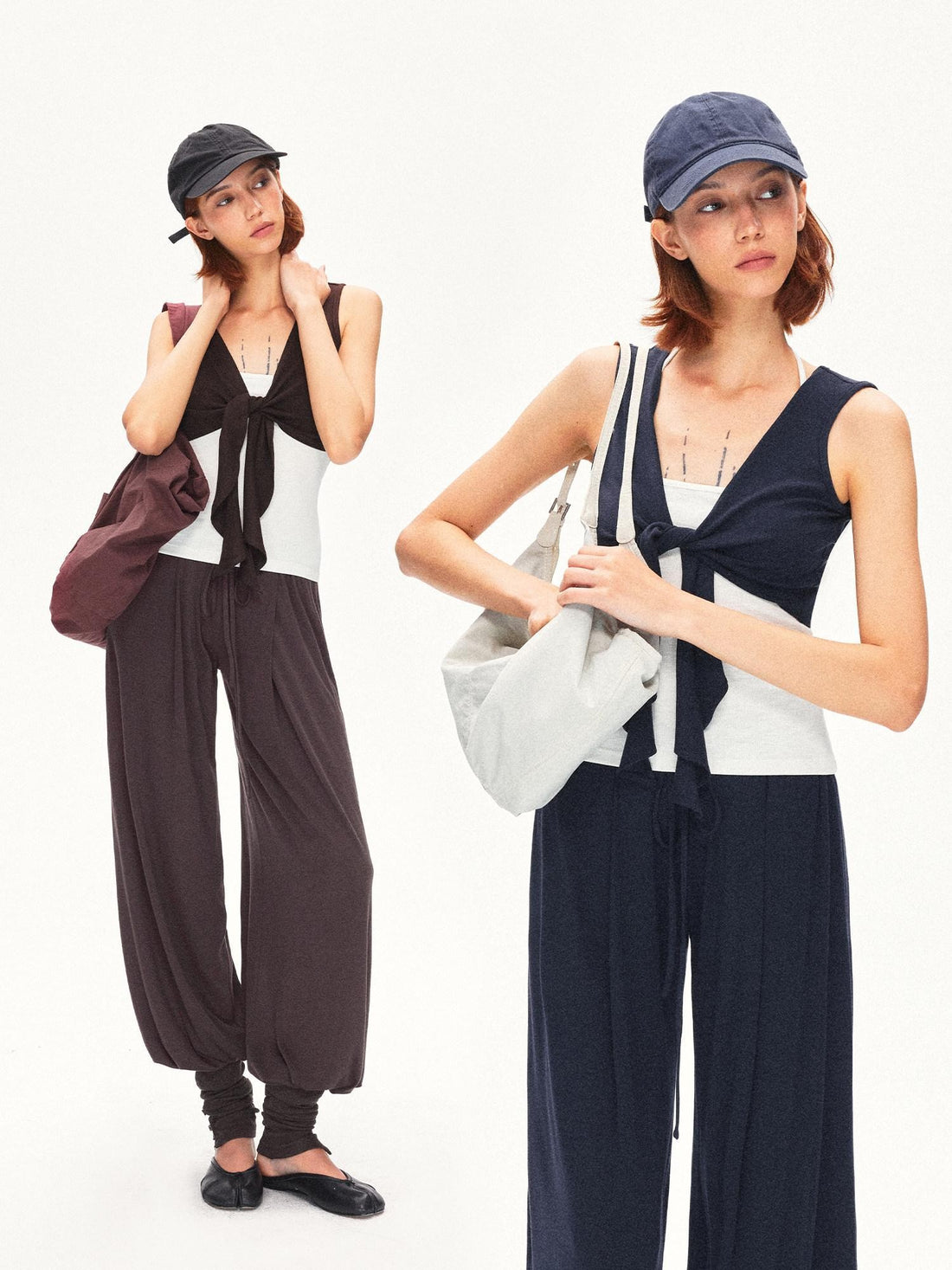 kvkv Contrast Layered U Neck Racerback Tie Cardigan Two Piece Women&