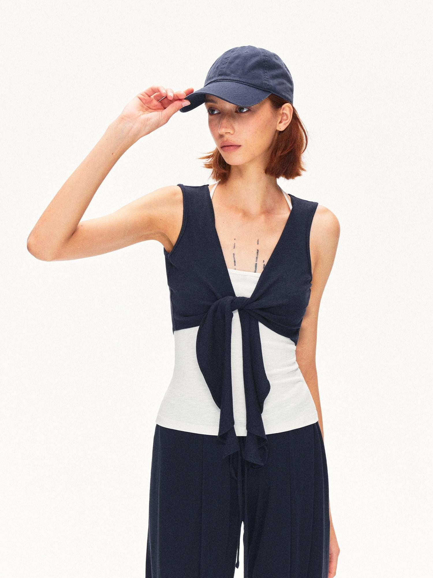 kvkv Contrast Layered U Neck Racerback Tie Cardigan Two Piece Women&