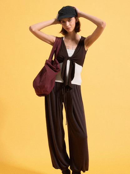 kvkv Contrast Layered U Neck Racerback Tie Cardigan Two Piece Women&
