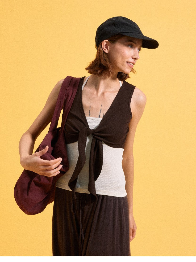 kvkv Contrast Layered U Neck Racerback Tie Cardigan Two Piece Women&