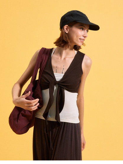 kvkv Contrast Layered U Neck Racerback Tie Cardigan Two Piece Women&