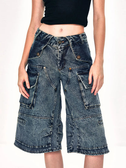 kvkv Convertible Washed Cargo Capri Jeans
