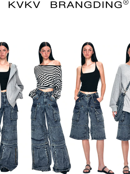 kvkv Convertible Washed Cargo Capri Jeans