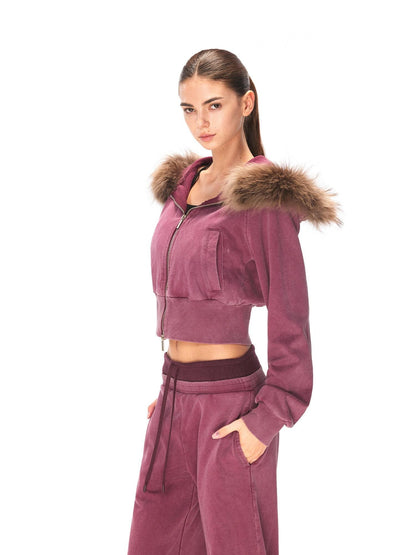kvkv Cotton Zip Up Loose Cropped Hooded Long Sleeve Sport For Women Burgundy Hoodies
