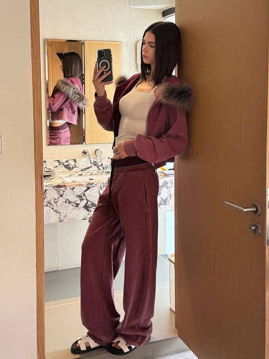 kvkv Cotton Zip Up Loose Cropped Hooded Long Sleeve Sport For Women Burgundy Hoodies