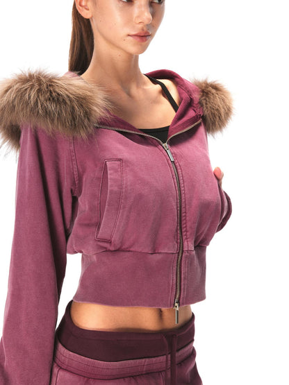 kvkv Cotton Zip Up Loose Cropped Hooded Long Sleeve Sport For Women Burgundy Hoodies