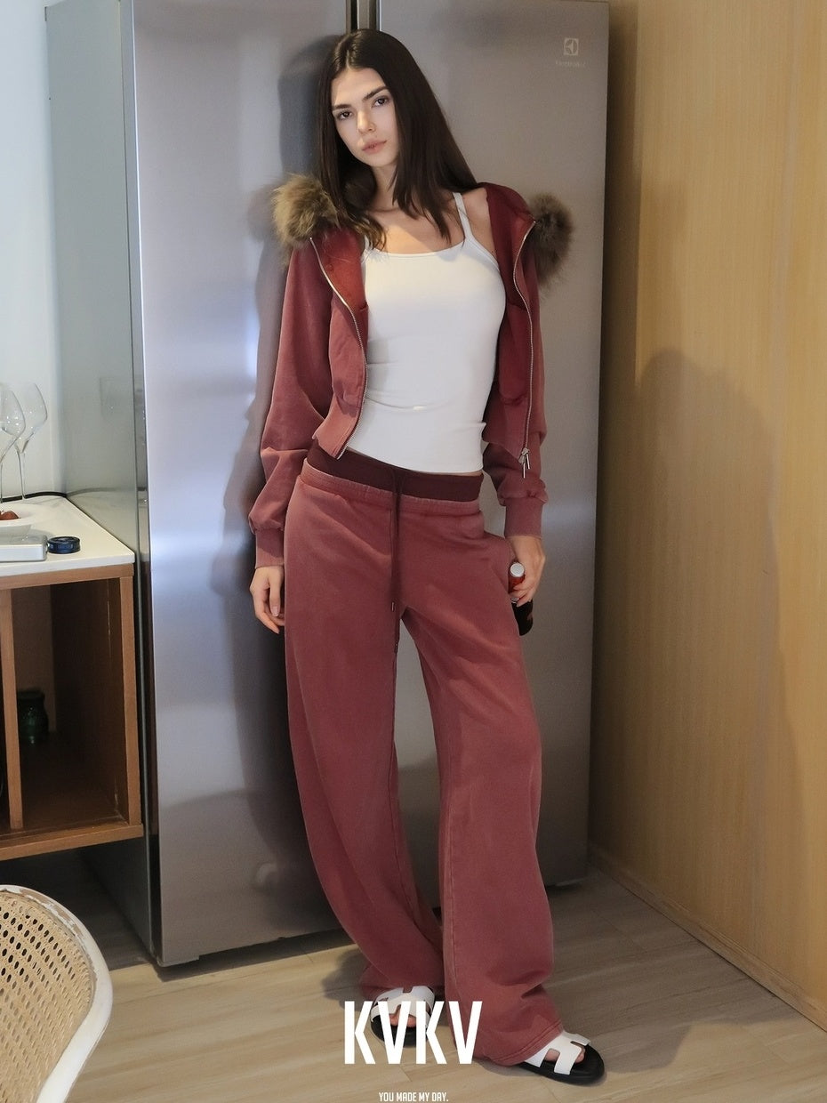 kvkv Cotton Zip Up Loose Cropped Hooded Long Sleeve Sport For Women Burgundy Hoodies