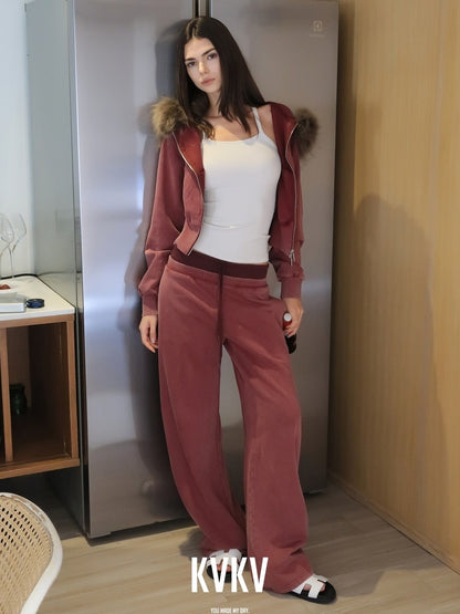 kvkv Cotton Zip Up Loose Cropped Hooded Long Sleeve Sport For Women Burgundy Hoodies