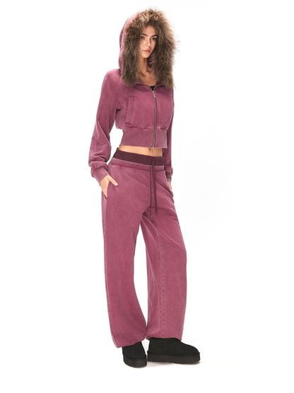 kvkv Cotton Zip Up Loose Cropped Hooded Long Sleeve Sport For Women Burgundy Hoodies