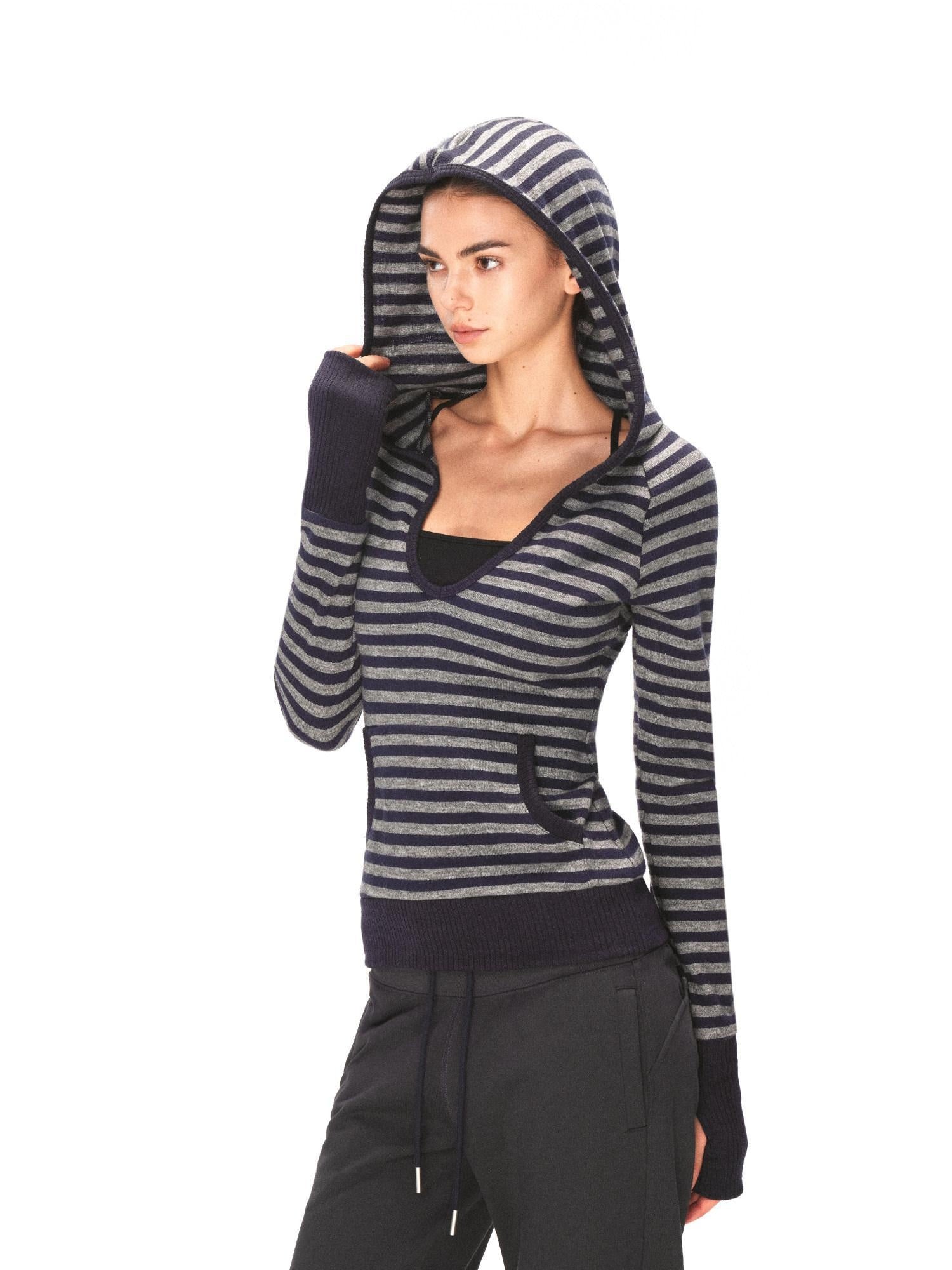 kvkv Cozy Acrylic Blend Slim Fit V Neck Hooded Pullover Striped Navy Gray Hoodies