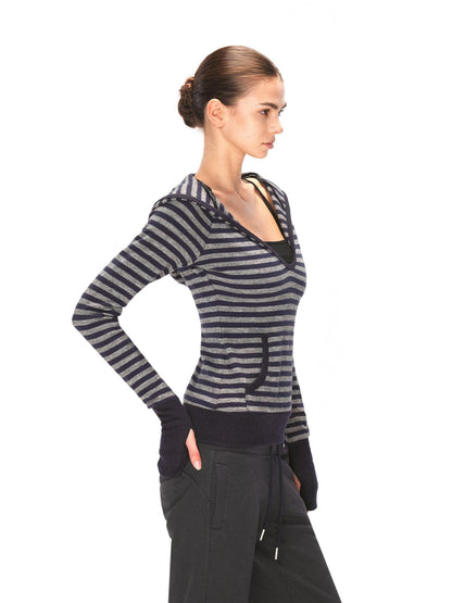 kvkv Cozy Acrylic Blend Slim Fit V Neck Hooded Pullover Striped Navy Gray Hoodies