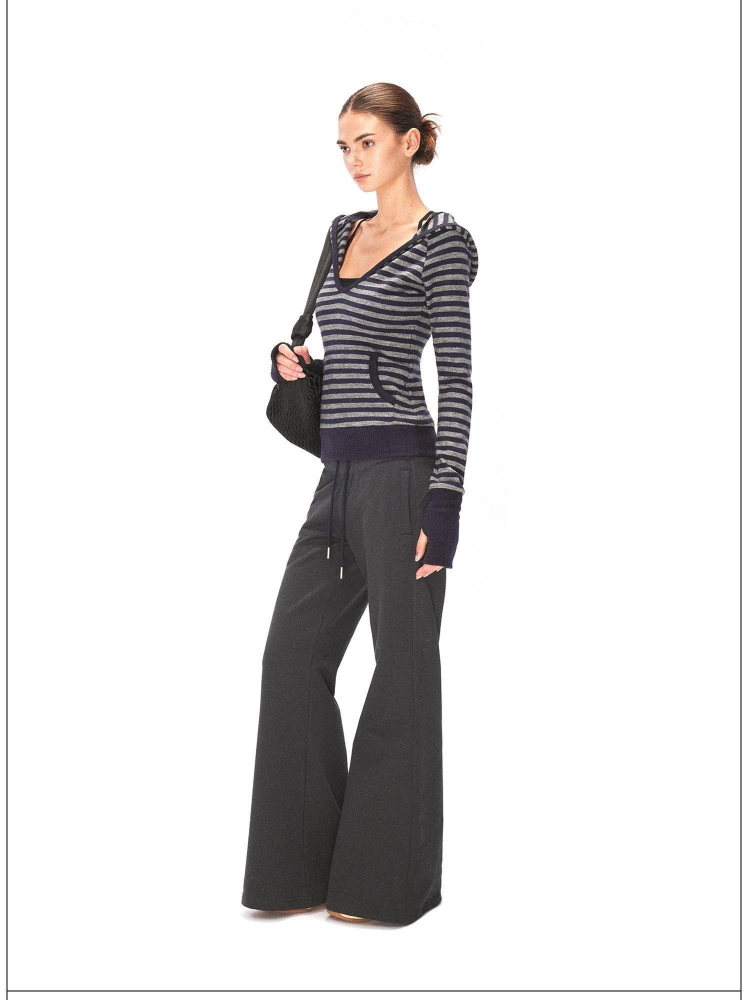 kvkv Cozy Acrylic Blend Slim Fit V Neck Hooded Pullover Striped Navy Gray Hoodies