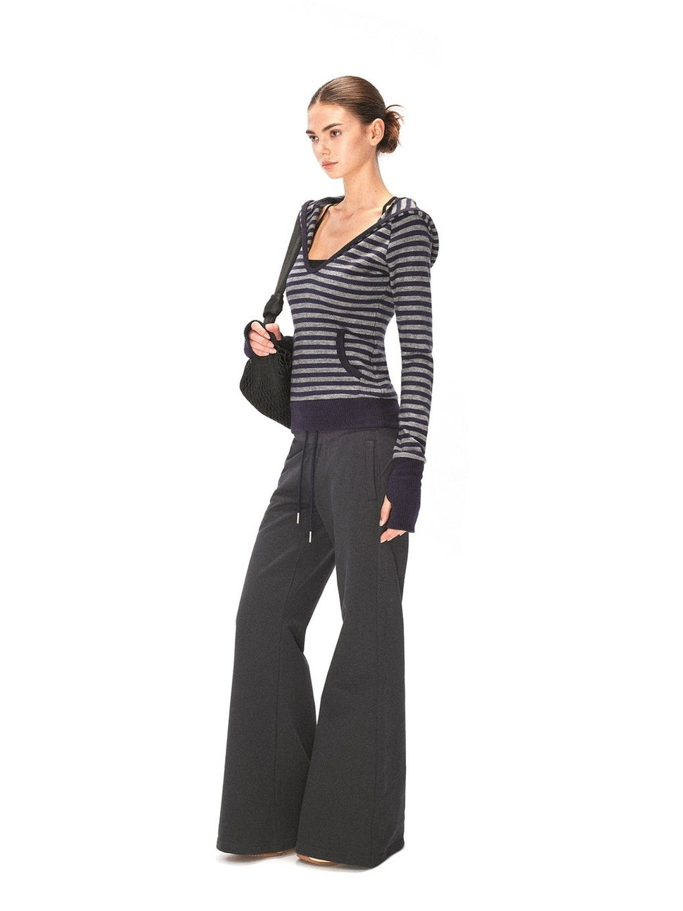 kvkv Cozy Acrylic Blend Slim Fit V Neck Hooded Pullover Striped Navy Gray Hoodies