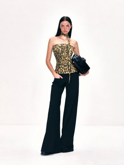 Crinkled Leopard Print Mesh Bustier Top