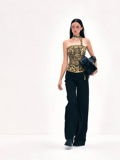 Crinkled Leopard Print Mesh Bustier Top