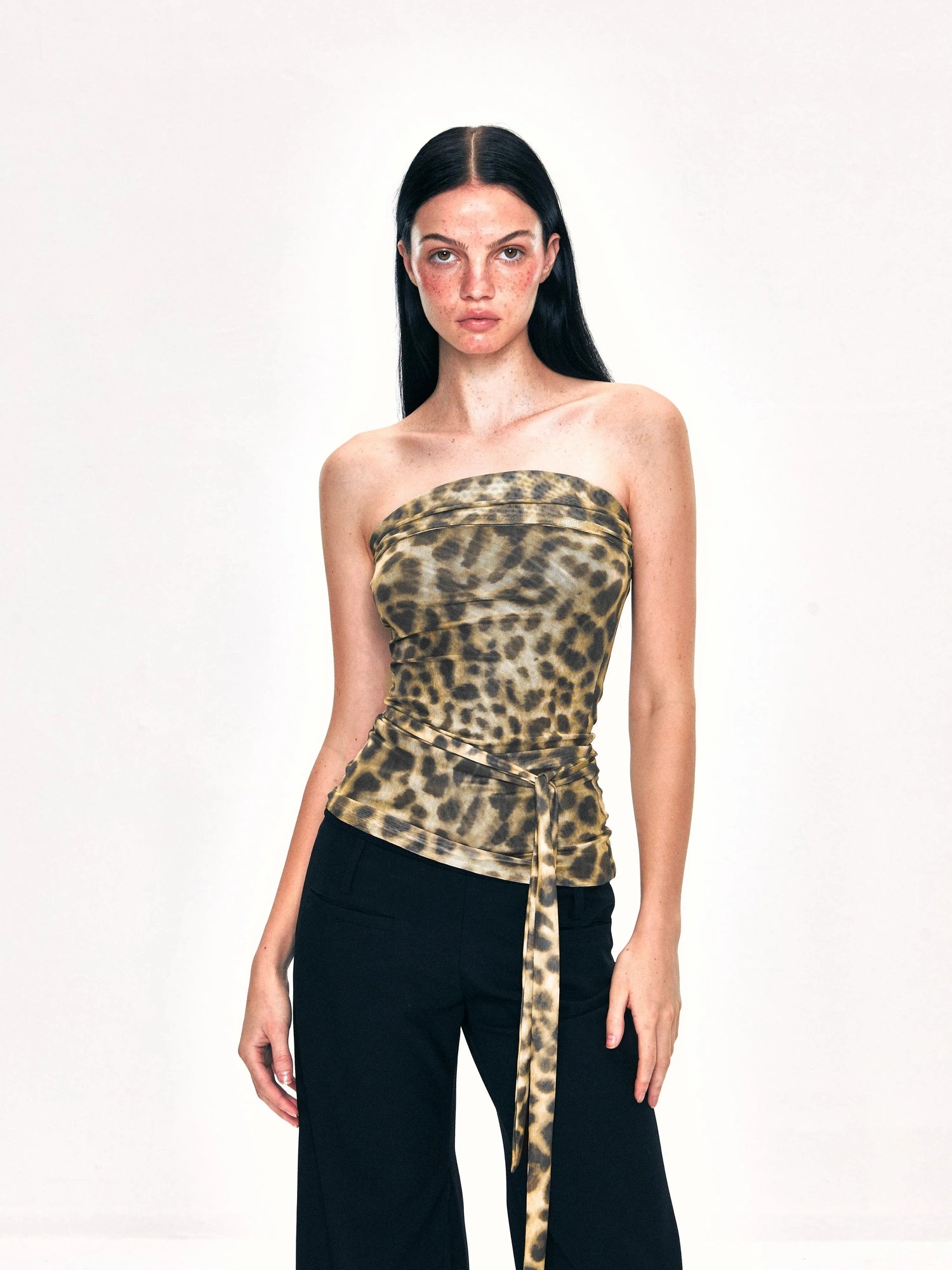 Crinkled Leopard Print Mesh Bustier Top