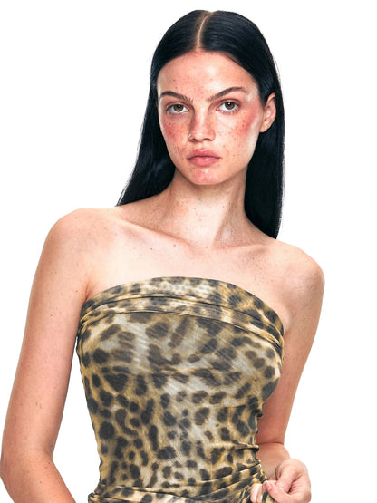 Crinkled Leopard Print Mesh Bustier Top
