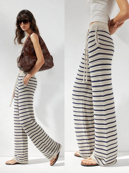 kvkv Crochet Striped Loose Fit Wide Leg Lace Pants