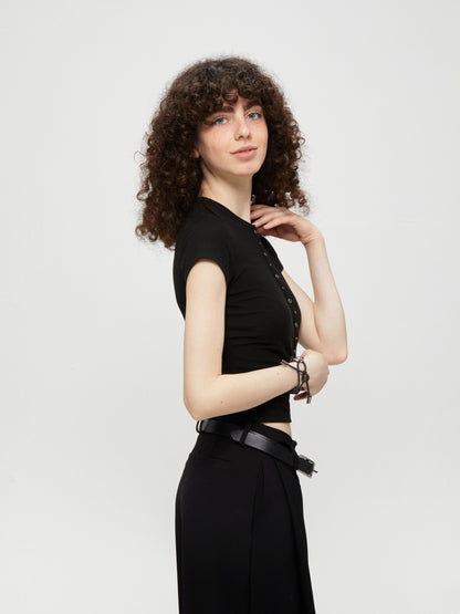 kvkv Cropped Henley Placket Slim Waist Women&