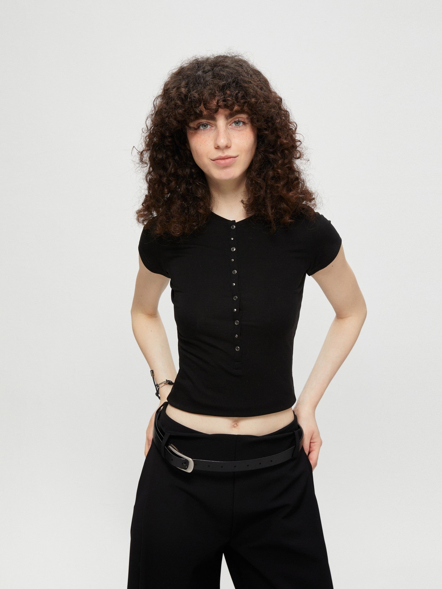 kvkv Cropped Henley Placket Slim Waist Women&