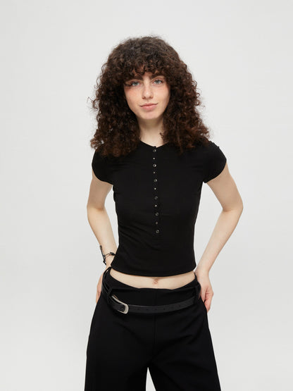 kvkv Cropped Henley Placket Slim Waist Women&