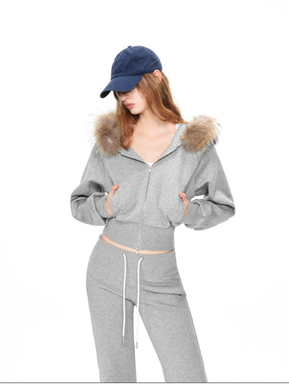 kvkv Cropped Hooded Zip Up With Fox Fur Trim