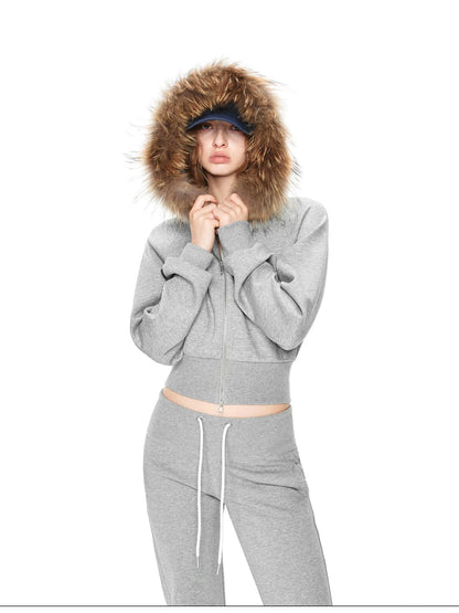 kvkv Cropped Hooded Zip Up With Fox Fur Trim