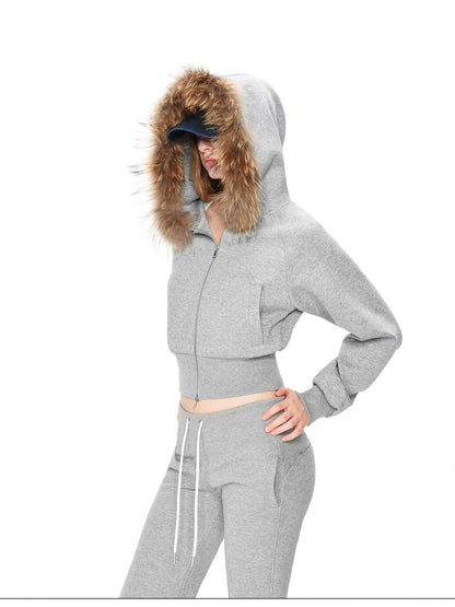 kvkv Cropped Hooded Zip Up With Fox Fur Trim