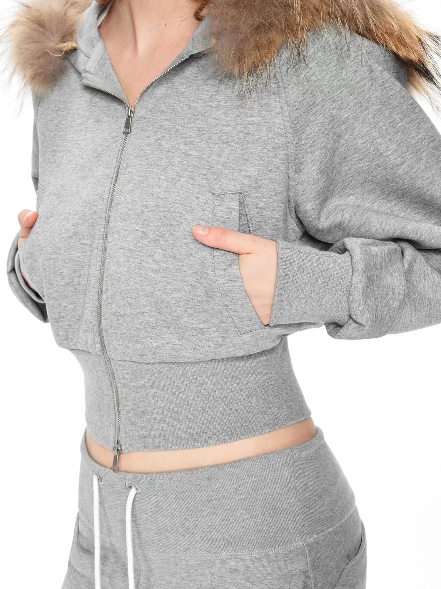 kvkv Cropped Hooded Zip Up With Fox Fur Trim