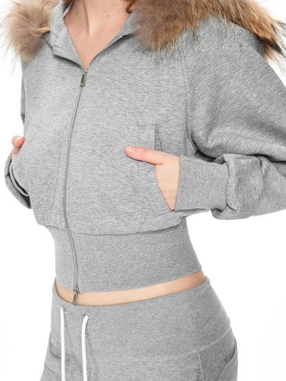 kvkv Cropped Hooded Zip Up With Fox Fur Trim