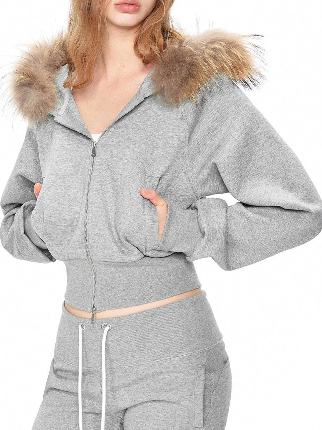 kvkv Cropped Hooded Zip Up With Fox Fur Trim